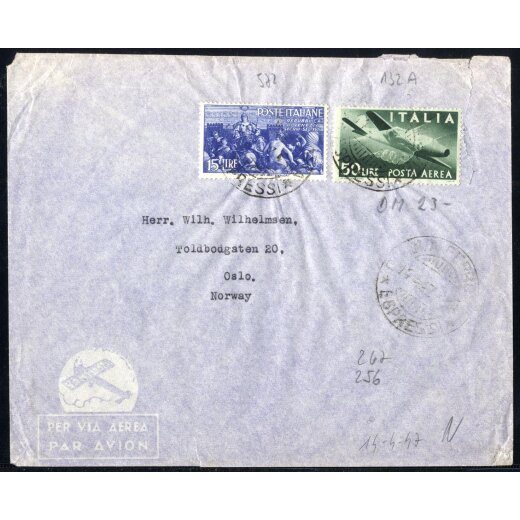 1947, II Periodo Tariffario, lettera per posta aerea il 14.4.47 per Oslo (Norvegia) affrancata con 15 l. Avvento e 50 l. Aerea, Sass. 572,A132