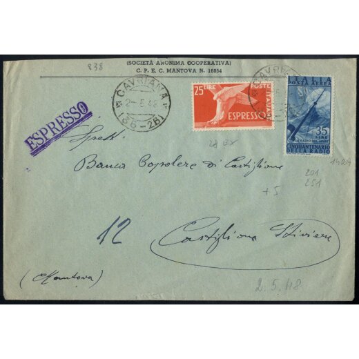 1947-48, III Periodo Tariffario, lettera espresso quattro porti affrancata per 60 Lire da Cavriana il 2.5.48 per Castiglione Stiviere, Sass. E28,A140
