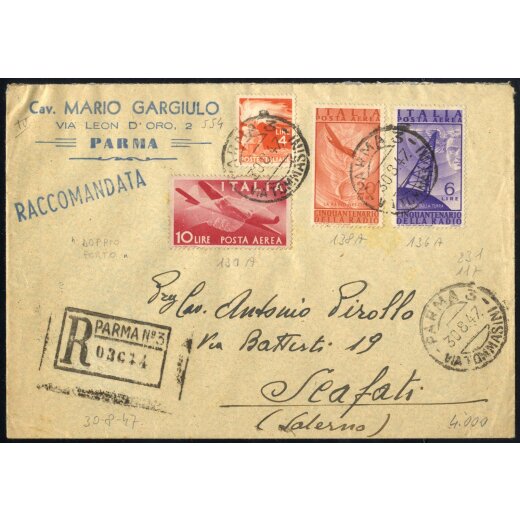 1947-48, III Periodo Tariffario, lettera raccomandata doppio porto affrancata per 40 Lire da Parma il 30.8.47 per Scalfati, Sass. 554,A131,136,138