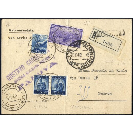 1948-49, IV Periodo Tariffario, cartolina avviso di deposito raccomandata affrancata per 75 Lire da Padova il 9.12.48. per citt?, piega verticale attraverso un francobollo, Sass. 555(2),560,590