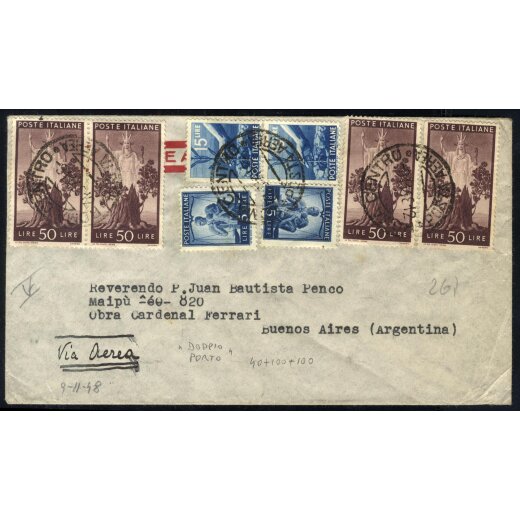 1948-49, IV Periodo Tariffario, lettera doppio porto per l&acute;estero affrancata per 240 Lire da Milano il 9.11.48 per Buenos Aires (Argentina), Sass. 555(2),560(2),564(4)