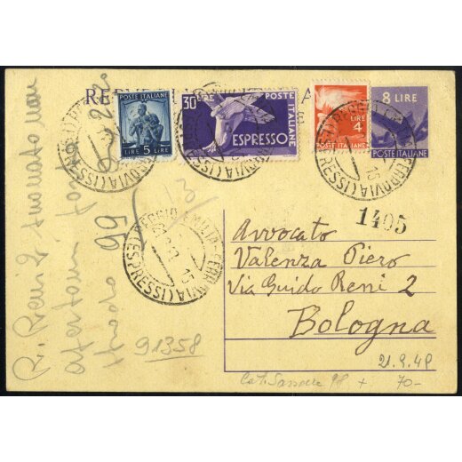 1949, cartolina postale da 8 l. con affrancatura aggiunta per espresso da Reggio Emilia il 21.9. per Bologna, Fil. C 134 e Sass. 554,555,E29