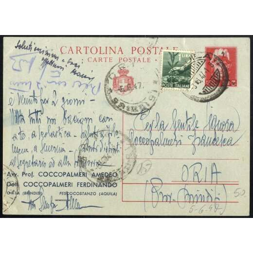 1947, cartolina postale da 3 l. con affrancatura aggiunta il 3.6. per Oria, Fil. C 125 e Sass. 550