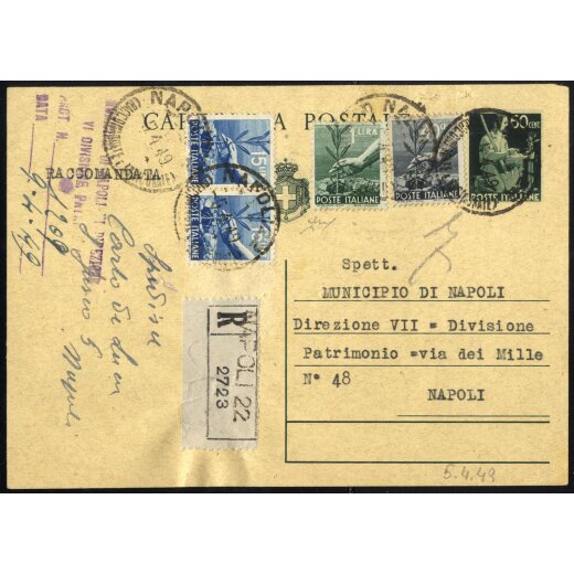 1949, cartolina postale da 60 c. usata 64 giorni fuori corso ma non contestata, raccomandata con affrancatura aggiunta da Napoli il 5.4. per citt?, Laser 123 e Sass. 546,550,560(2)