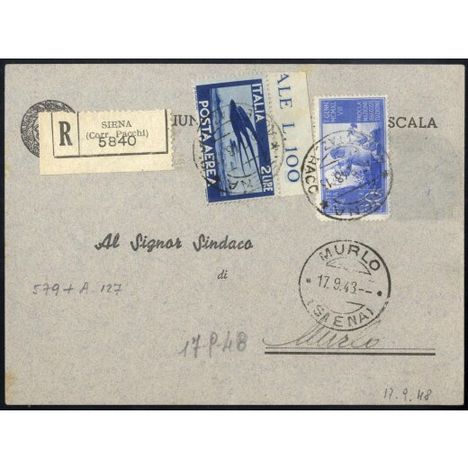 1948, Costituzione, 30 Lire + 5 Lire posta aerea su cartolina raccomandata da Siena 17.9.1948 per Murlo (Sass. 579+A129)
