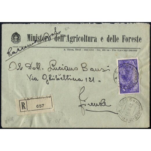 1948, Risorgimento, 50 Lire su raccomandata da Pisa 18.8.1948 per Firenze (Sass. 590)