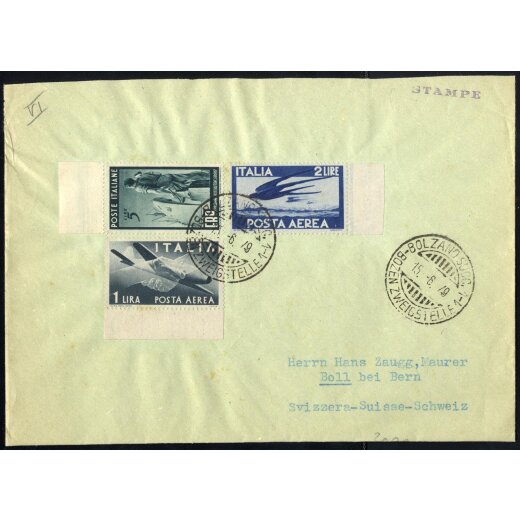 1949, ERP, 5 Lire + 1 + 2 Lire posta aerea su stampe da Bolzano 15.6.1949 per la Svizzera (Sass. 601+126-27)