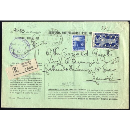 1949, Biennale, 50 Lire + 30 Lire Democratica su notificazione raccomandata da Firenze 14.7.1949 per Genova (Sass. 563+597)