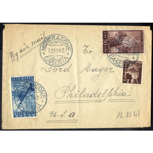 1947, Posta aerea, Radio, 35 Lire + 2 + 50 Lire Democratica su lettera da Mondragone 12.11.1947 per gli USA (Sass. 552+564+A140)