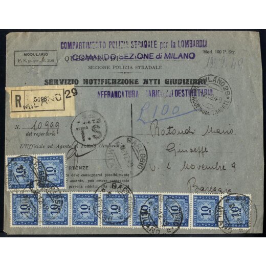 1949, Notificazione raccomandata da Milano 12.12.1949 per Bareggio con tassa a carico del destinatario, tassata per 100 Lire con coppia + striscia di otto segnatasse 10 Lire (Sass. 104)