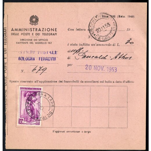 1950, Itlia al Lavoro, 30 Lire su Mod. 162 (ammenda) affrancata a Bologna il 1.12.1953 (Sass. 644)