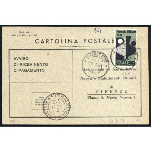 1951, Triennale, 20 Lire su avviso di ricevimento da Firenze 30.7.1951 per Fiorenzuola (Sass. 666)