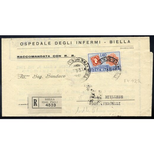1951, Sardegna, 60 Lire isolato su raccomandata R. R. da Biella 1.12.1951 per Sala Biellese (Sass. 674)