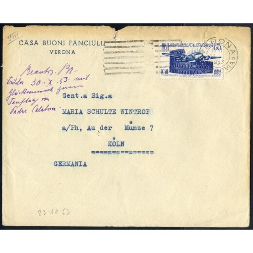 1952, ICAO, 60 Lire su lettera da Verona 23.10.1953 per Colonia (Sass. 697)