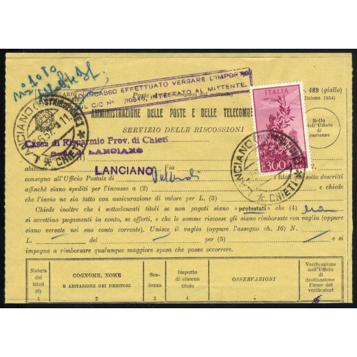 1957, Campidoglio, 300 Lire su modulo per servizio delle riscossioni da Lanciano 7.6.1957 (Sass. A149)