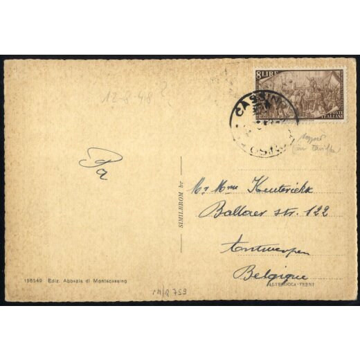 1948, Risorgimento, 8 Lire su lettera su cartolina da Cassino 12.8.1948 per il Belgio (Sass. 584)
