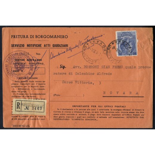 1960, Siracusana, 200 Lire stelle su modulo servizio notifiche atti giudiziari da Borgomanero 3.6.1960 (Sass. 816)