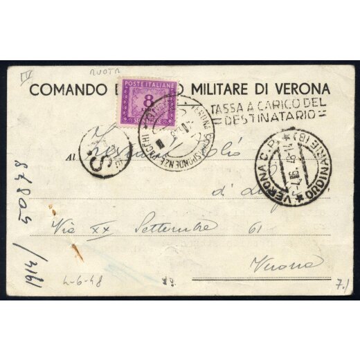 1948, Segnatasse, 8 Lire ruota su invito da Verona 4.6.1948 con tassa a carico del destinatario (Sass. 103)