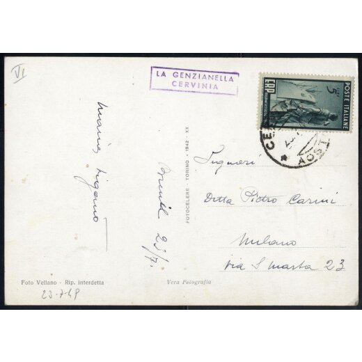 1949, ERP, 5 Lire su cartolina con data e firma del 23.7.1949 per Milano (Sass. 601)
