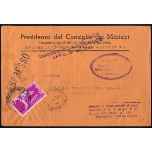 1954, Democratica espresso, 50 Lire su espresso esente da tasse postali da Milano 31.7.1953 per Serle, non comune (Sass. E30)
