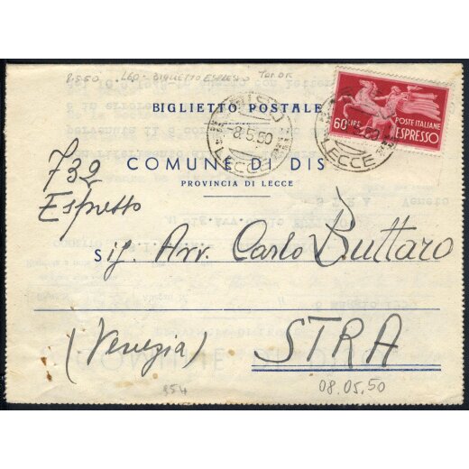 1956, Democratica espresso, 60 Lire su biglietto postale espresso da Diso 8.5.1950 per Str? (Sass. E31)