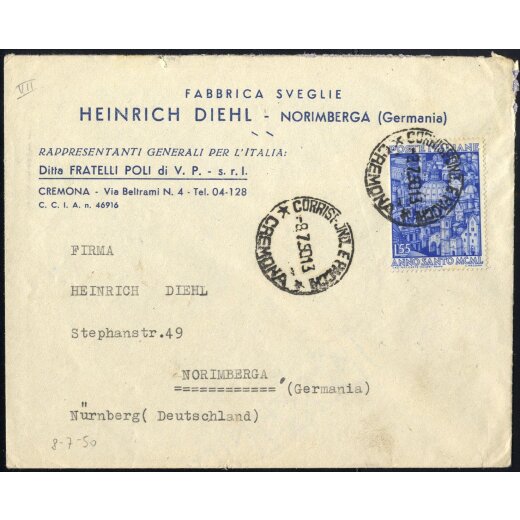 1950, Anno Santo, 55 Lire su lettera da Cremona 8.7.1950 per la Germania (Sass. 621)
