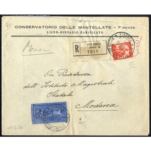 1950, UNESCO, 55 Lire + 10 Lire Democratica su raccomandata da Firenze 15.6.1950 per Modena (Sass. 559+619)
