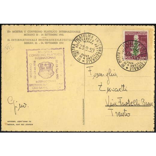 1950, Tabacco, 5 Lire su cartolina della mostra fil. int. da Merano 23.9.1950 per Trento, timbri speciali sul fronte (Sass. 629)