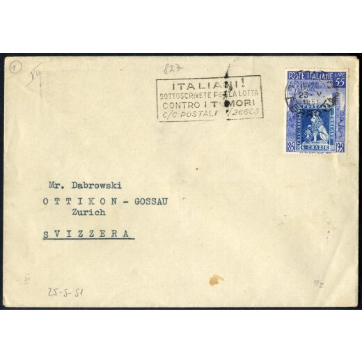 1951, Toscana, 55 Lire su lettera da Torino 25.5.1951 per la Svizzera (Sass. 654)