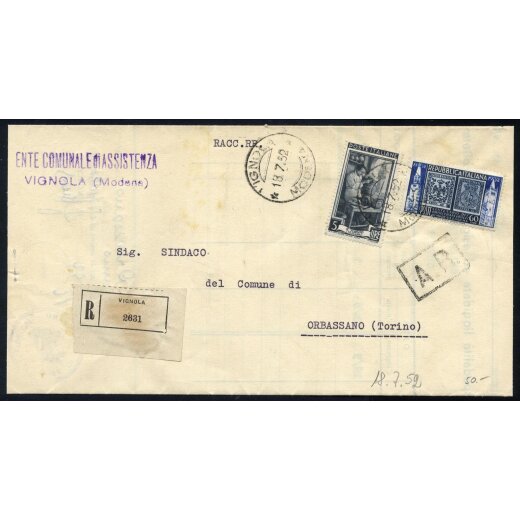 1952, Modena e Parma, 60 Lire + 5 Lire Italia al Lavoro su raccomandata R. R. da Vignola 18.7.1952 per Orbassano (Sass. 637+690)
